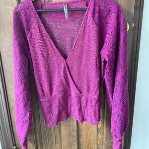 Anthropologie Fuchsia Deep V Neck sweater with lace sleeve L